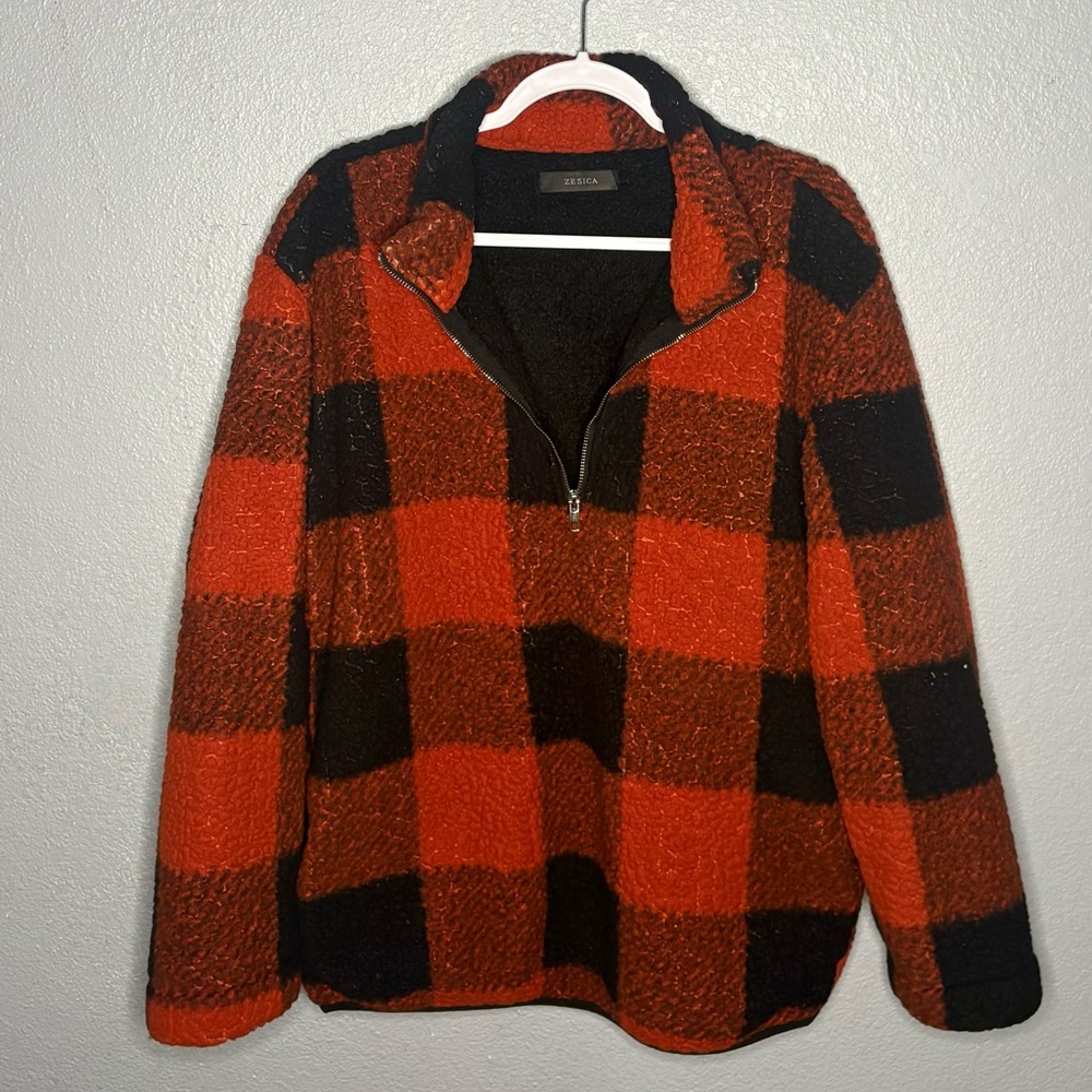 Red and Black Plaid Quarter Zip-Up Sweater